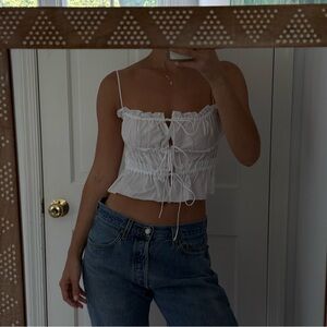 Zara White Smocked Top - front tie, medium